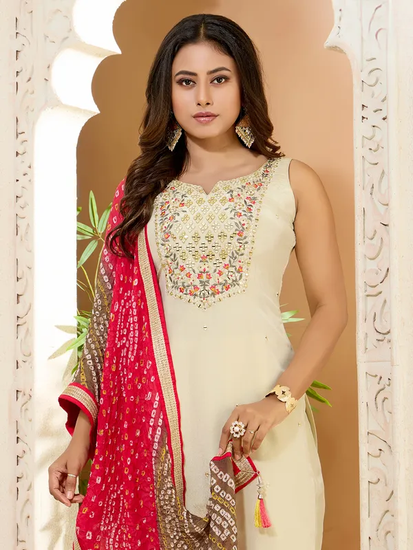 Cream silk straight cut salwar suit for women