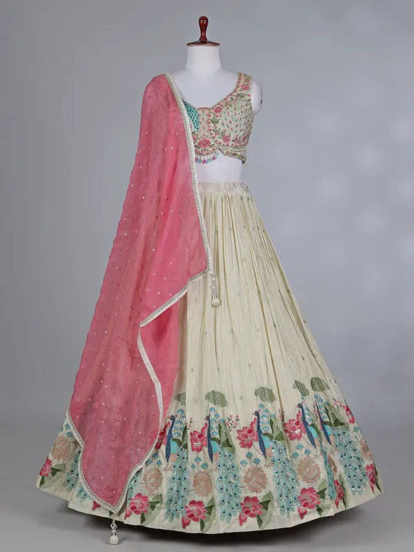 Cream silk sweetheart bridal lehenga choli