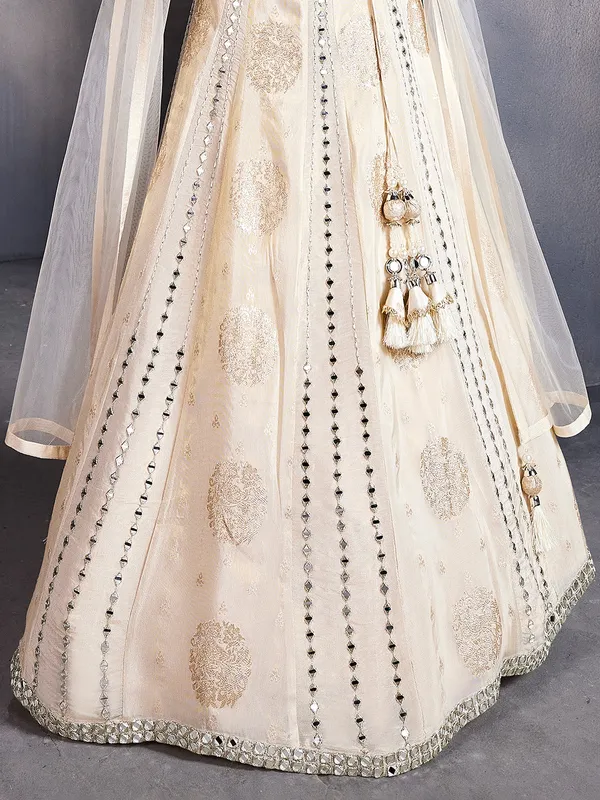 Cream silk sweetheart neck lehenga choli with dupatta