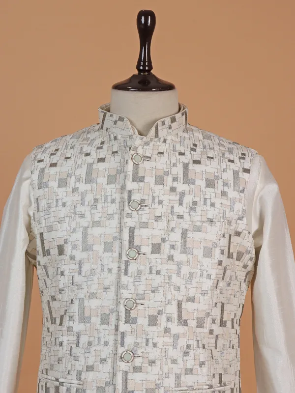 Cream silk textured waistcoat set for man