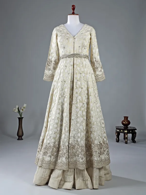 Cream silk thread weaving lehenga suit