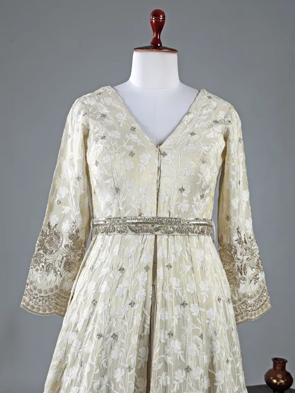 Cream silk thread weaving lehenga suit
