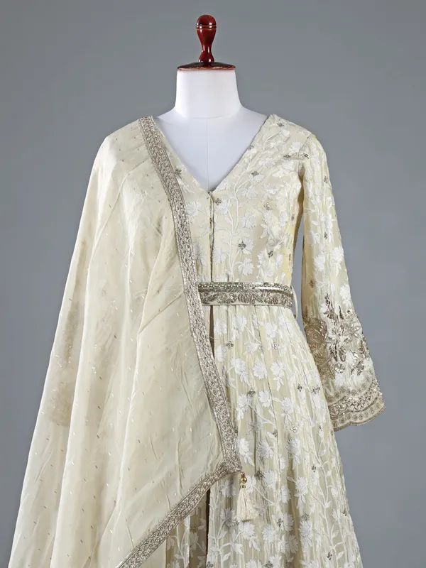 Cream silk thread weaving lehenga suit