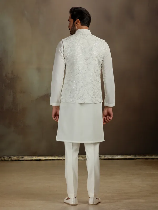 Cream silk thread work waistcoat set for men