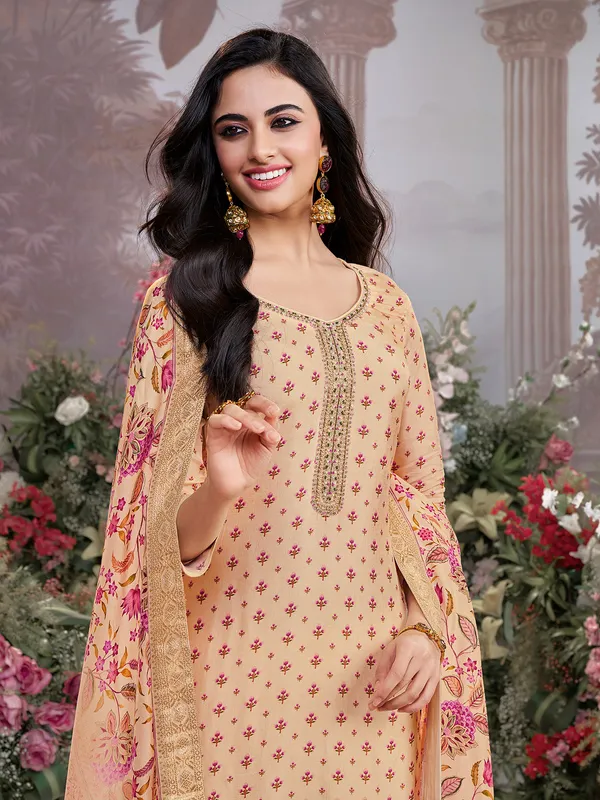 Cream silk U neck printed festive suit