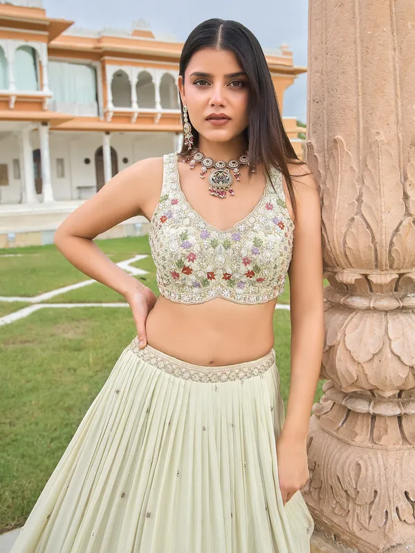 Cream silk U neck wedding wear lehenga choli