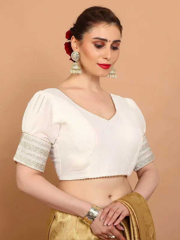 Cream silk V neck ready made Blouse with sequins work