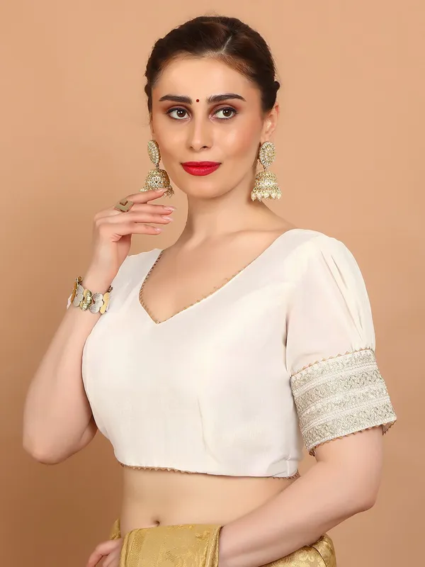 Cream silk V neck ready made Blouse with sequins work