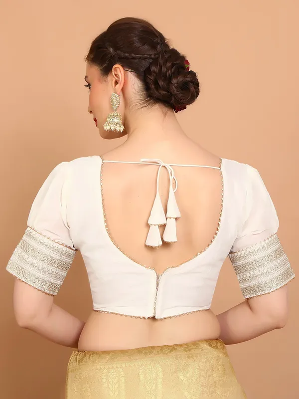 Cream silk V neck ready made Blouse with sequins work