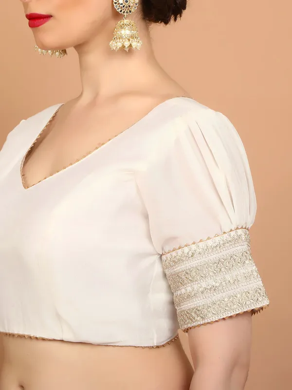 Cream silk V neck ready made Blouse with sequins work