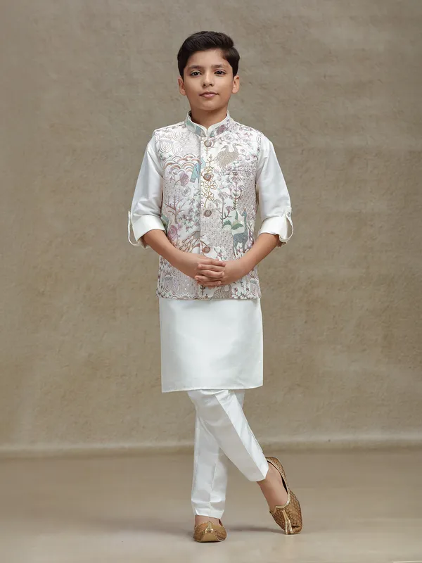 Cream silk waistcoat set for festive wear