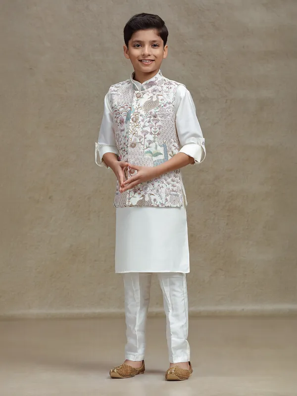 Cream silk waistcoat set for festive wear