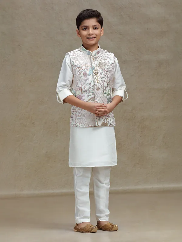Cream silk waistcoat set for festive wear