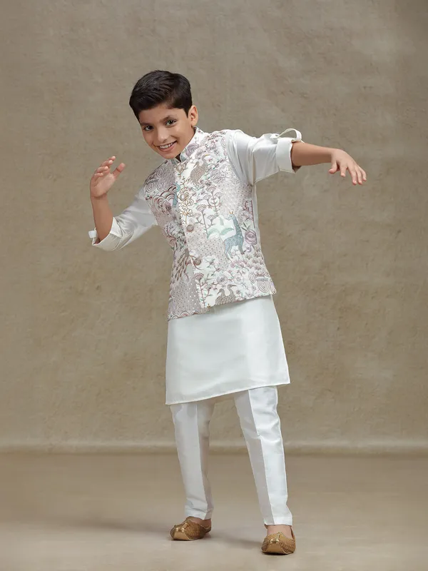 Cream silk waistcoat set for festive wear