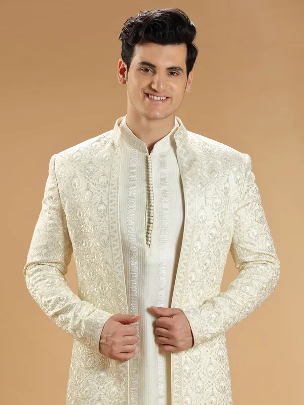 Cream silk wedding look men indowestern