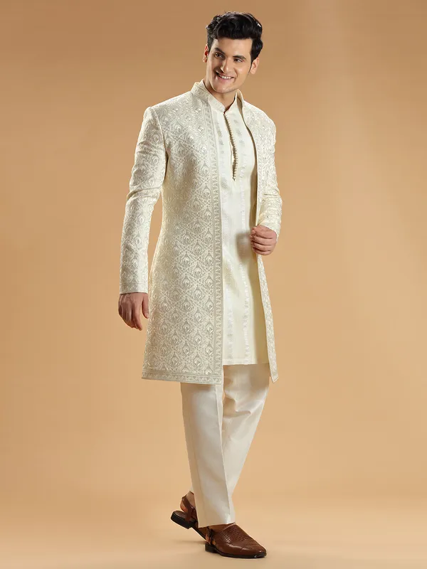 Cream silk wedding look men indowestern