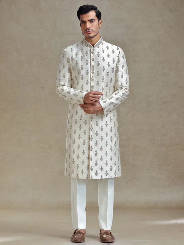 Cream  silk wedding style long jacket sherwani set