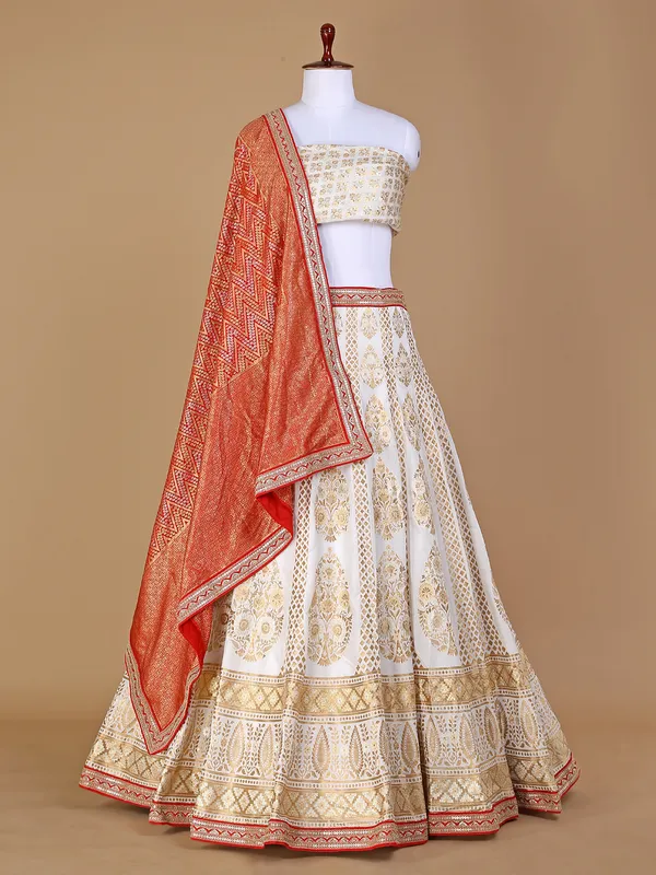 Cream silk wedding unstitched lehenga choli