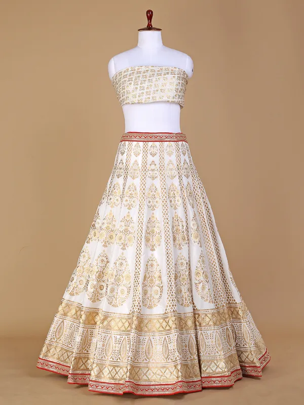 Cream silk wedding unstitched lehenga choli