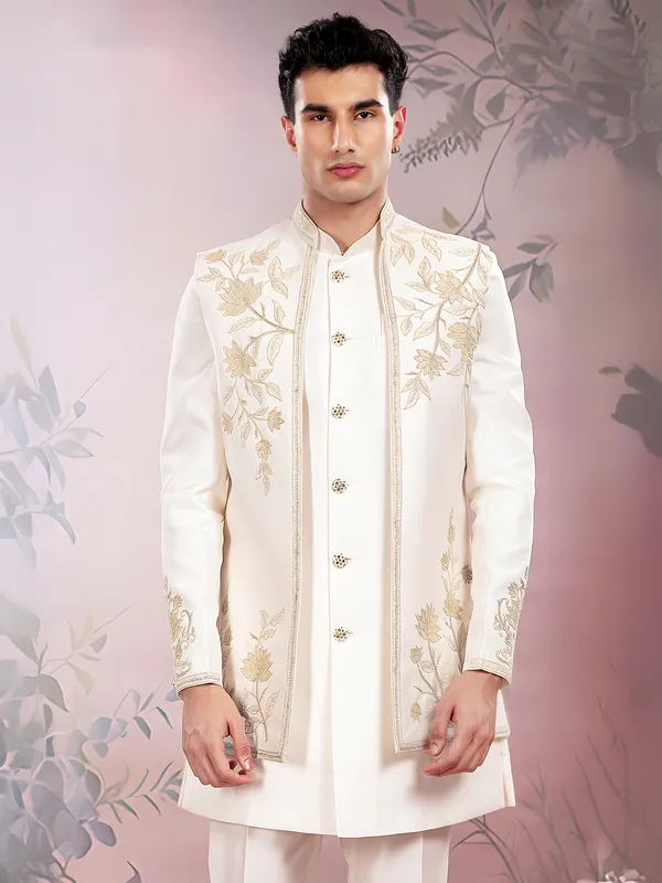 Cream silk wedding wear indowestern set with embroidery