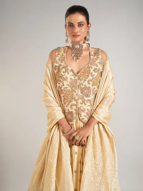Cream silk wedding wear lehenga choli for women