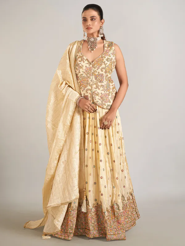 Cream silk wedding wear lehenga choli for women