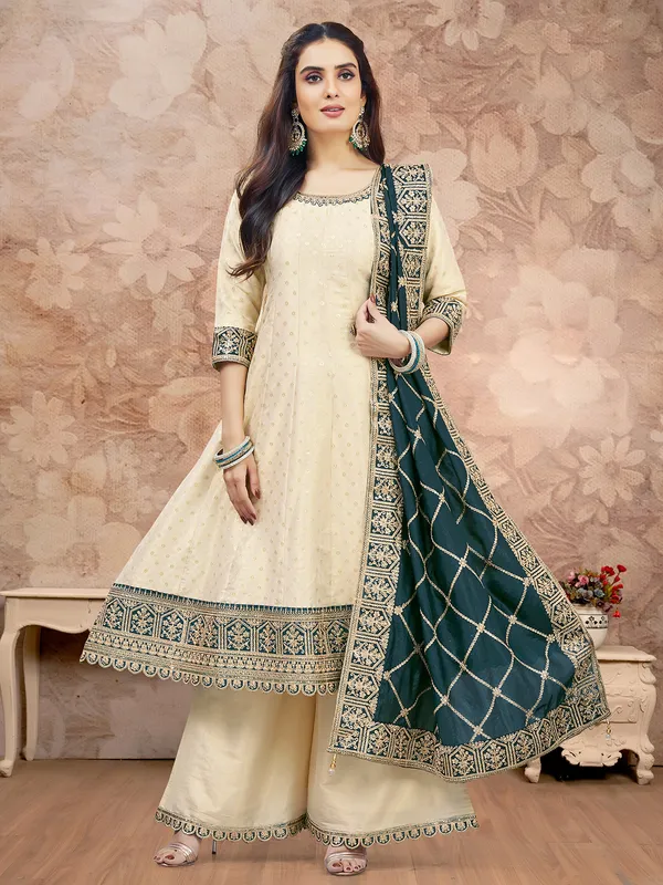 Cream silk wedding wear palazzo suit with dupatta
