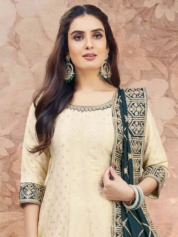 Cream silk wedding wear palazzo suit with dupatta
