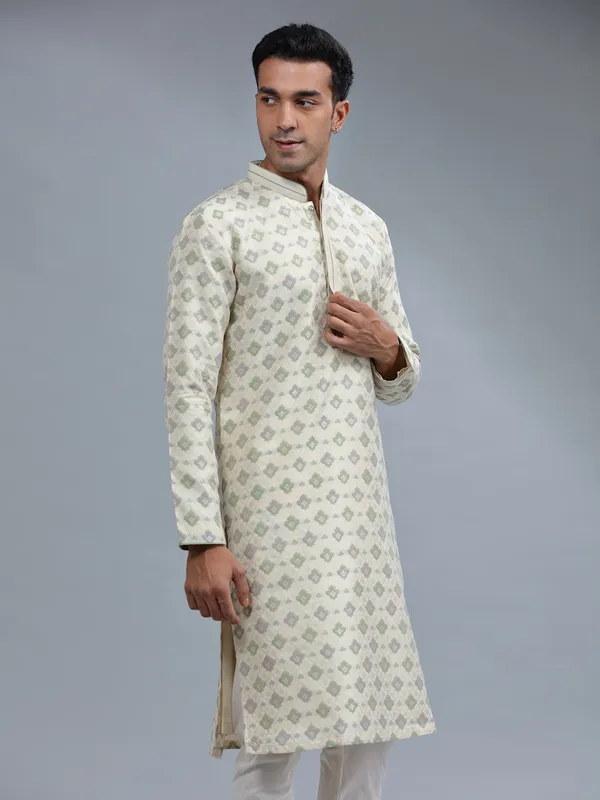 Cream silk zari weaving kurta pajama