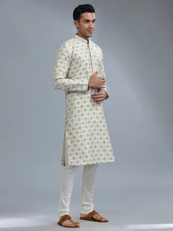 Cream silk zari weaving kurta pajama