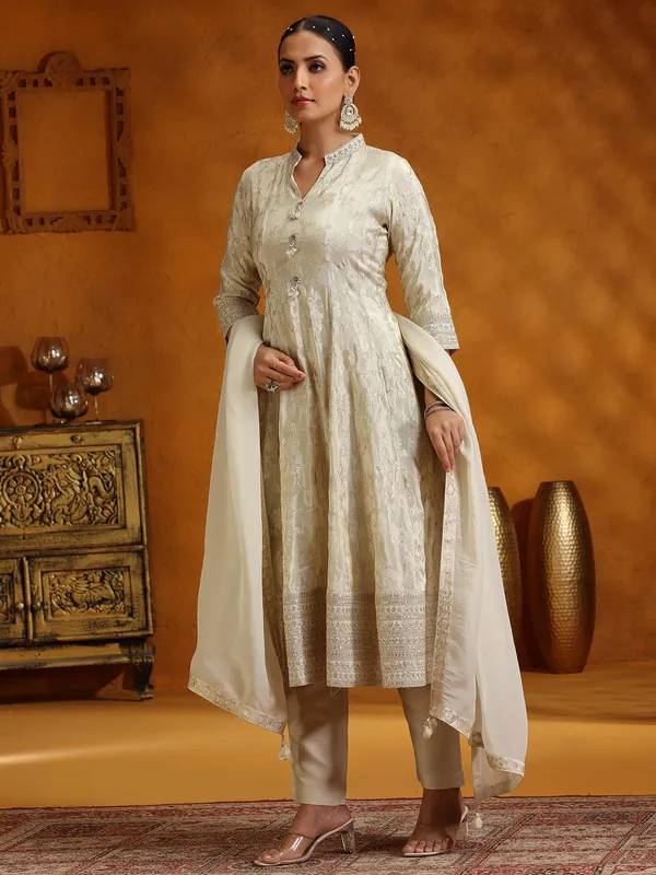 Cream silk zari weaving kurti set for women