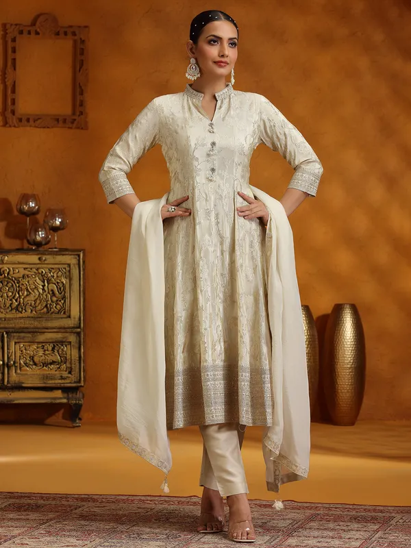 Cream silk zari weaving kurti set for women