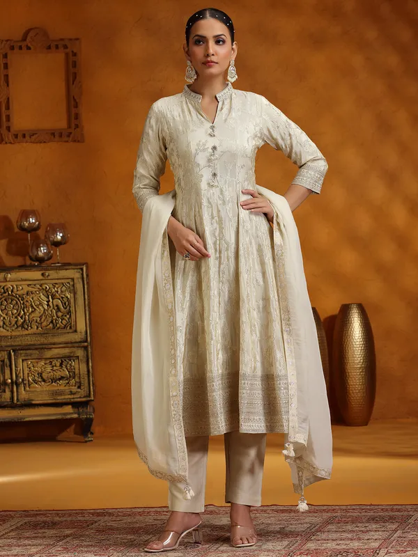 Cream silk zari weaving kurti set for women