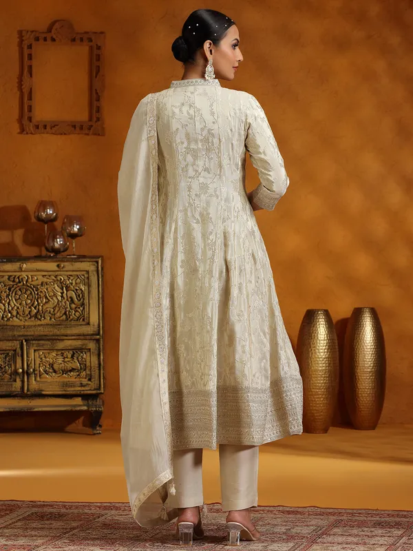 Cream silk zari weaving kurti set for women