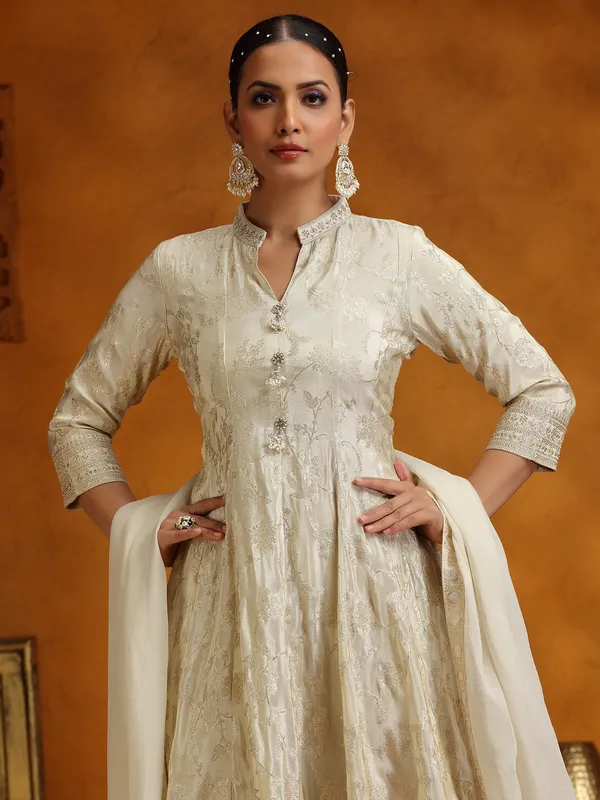 Cream silk zari weaving kurti set for women