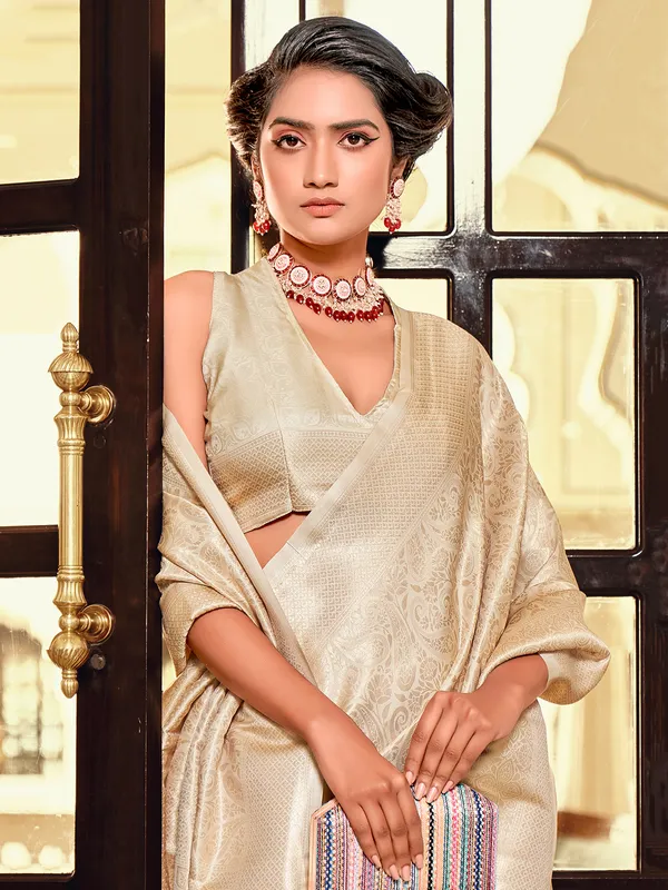 Cream silk zari weaving wedding with