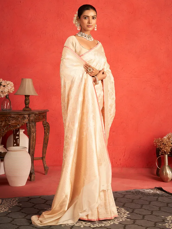 Cream pure banarasi upada silk zari worked saree