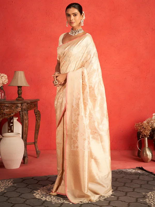 Cream pure banarasi upada silk zari worked saree