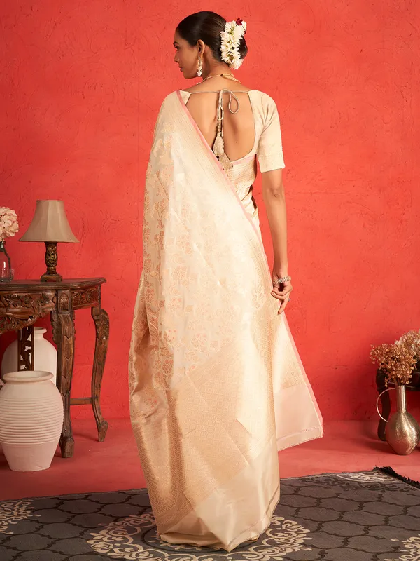 Cream pure banarasi upada silk zari worked saree