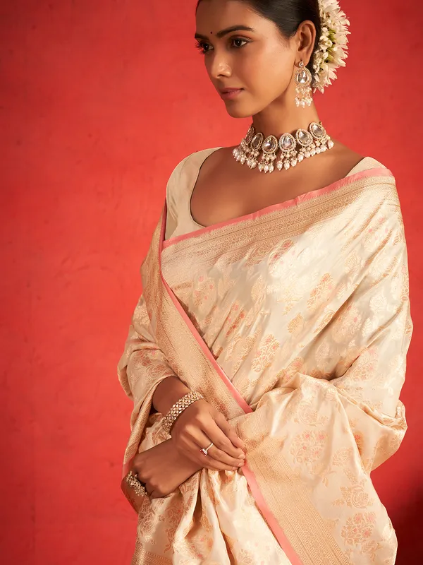 Cream pure banarasi upada silk zari worked saree