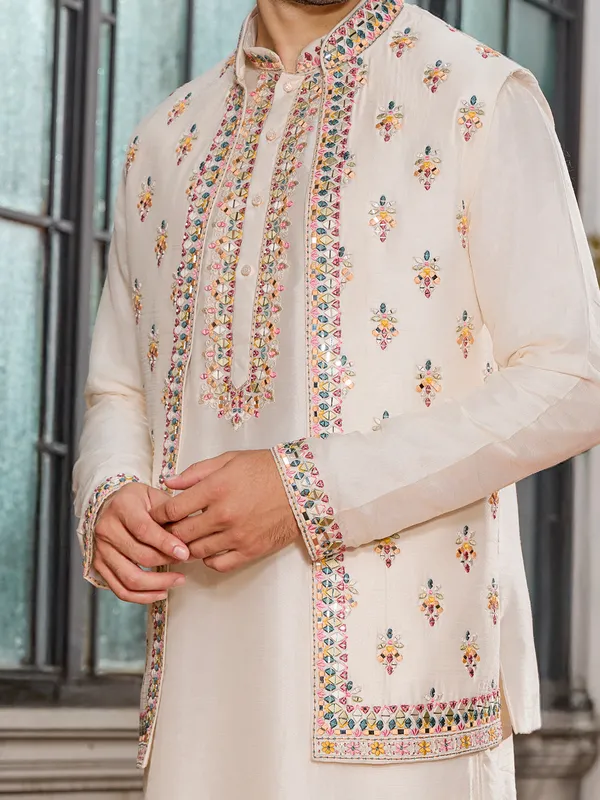 Cream soft art silk thread waistcoat ensemble