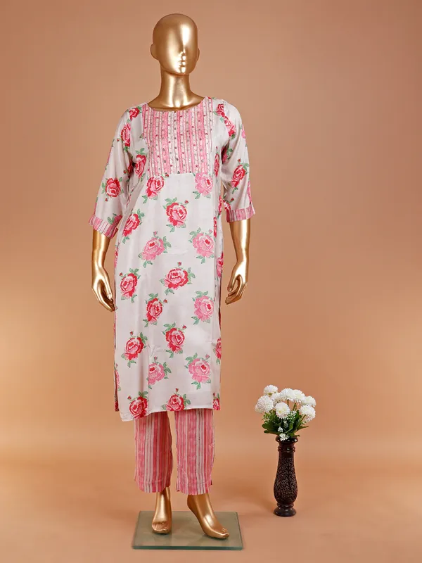 Cream soft silk printed pant set