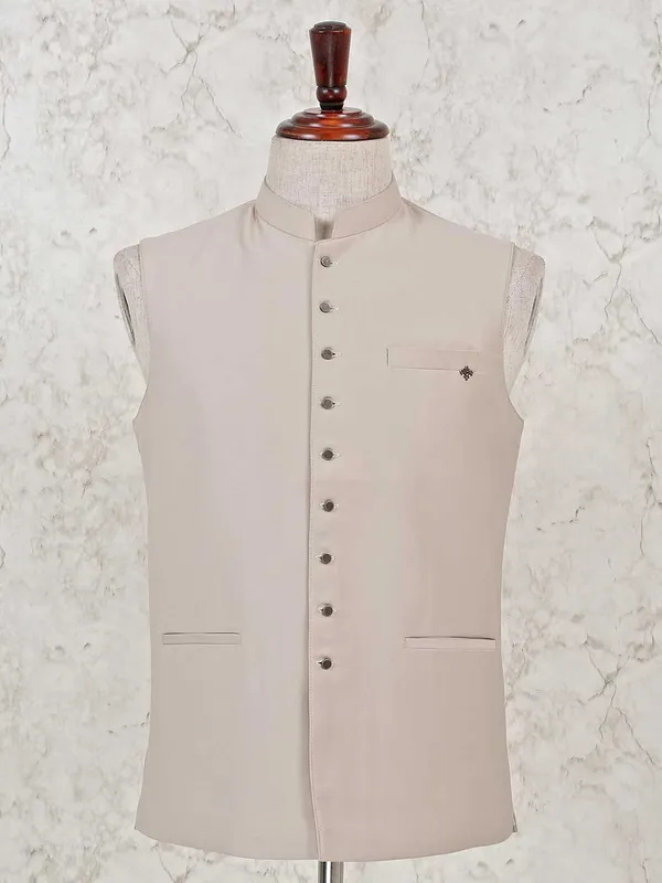 Cream solid stand collar waistcoat