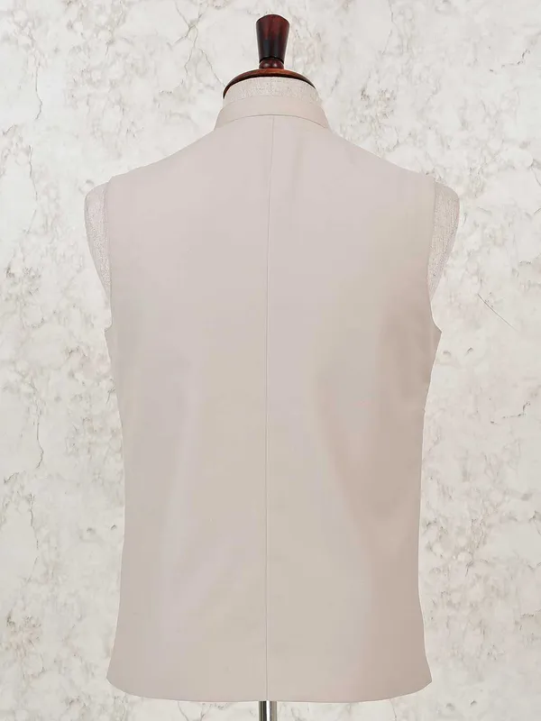 Cream solid stand collar waistcoat