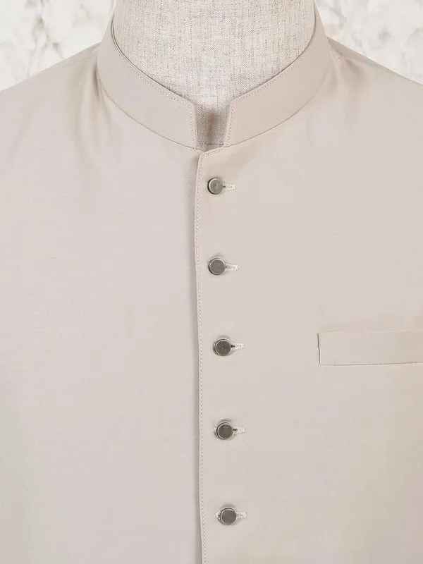 Cream solid stand collar waistcoat