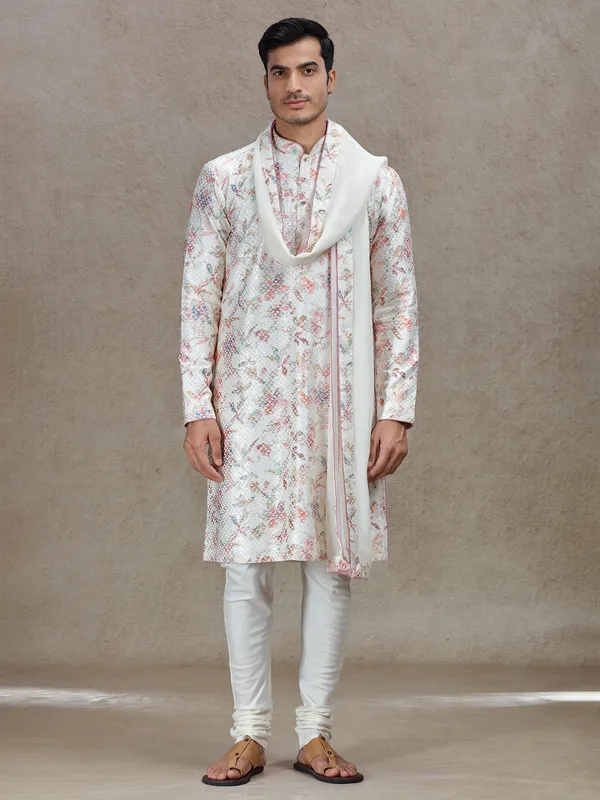 Cream sophisticated elegance printed kurta suit in tussar silk