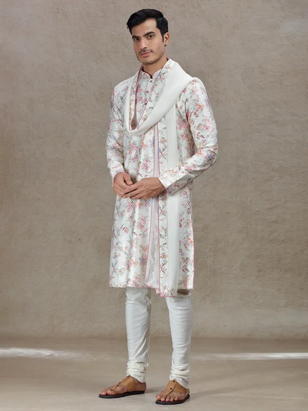 Cream sophisticated elegance printed kurta suit in tussar silk
