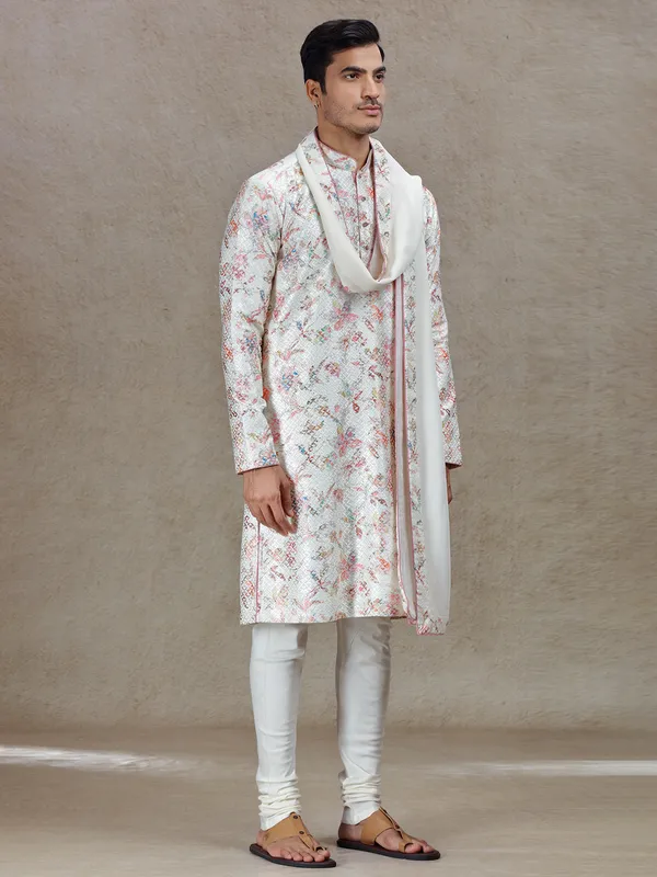 Cream sophisticated elegance printed kurta suit in tussar silk