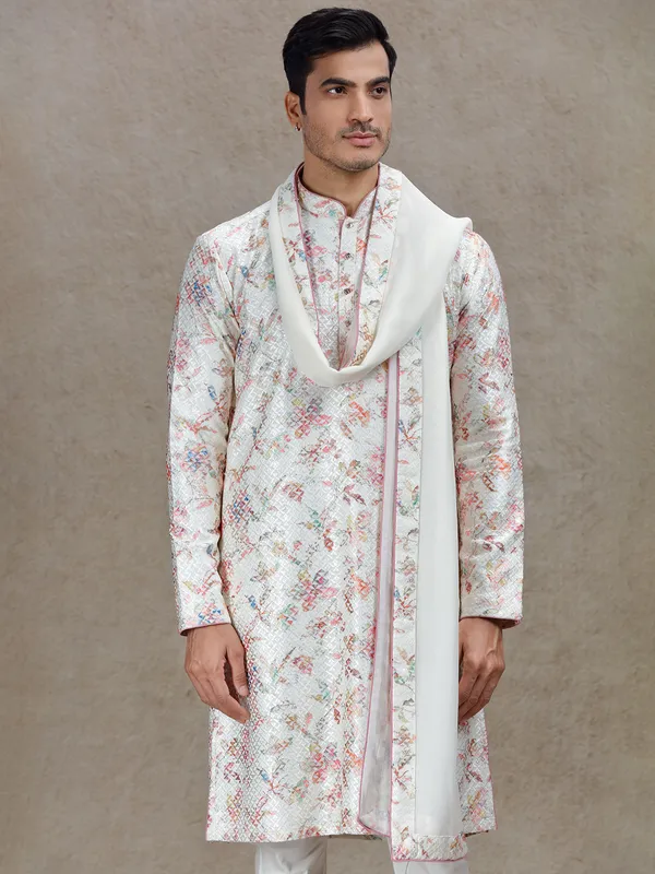 Cream sophisticated elegance printed kurta suit in tussar silk