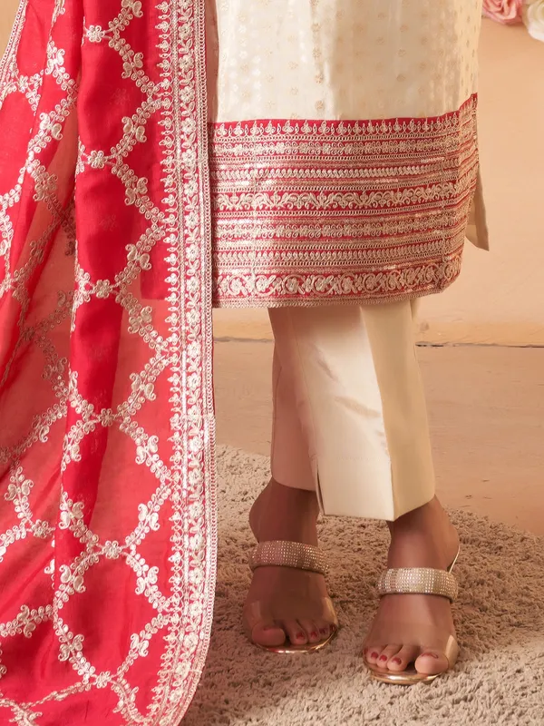 Cream straight cut salwar suit with dupatta